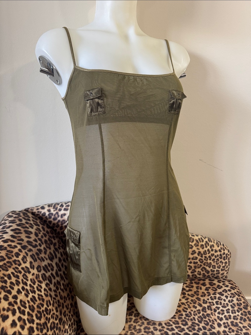 Y2K Early 2000s Sheer Olive Green Spaghetti Strap Cargo Mini Dress